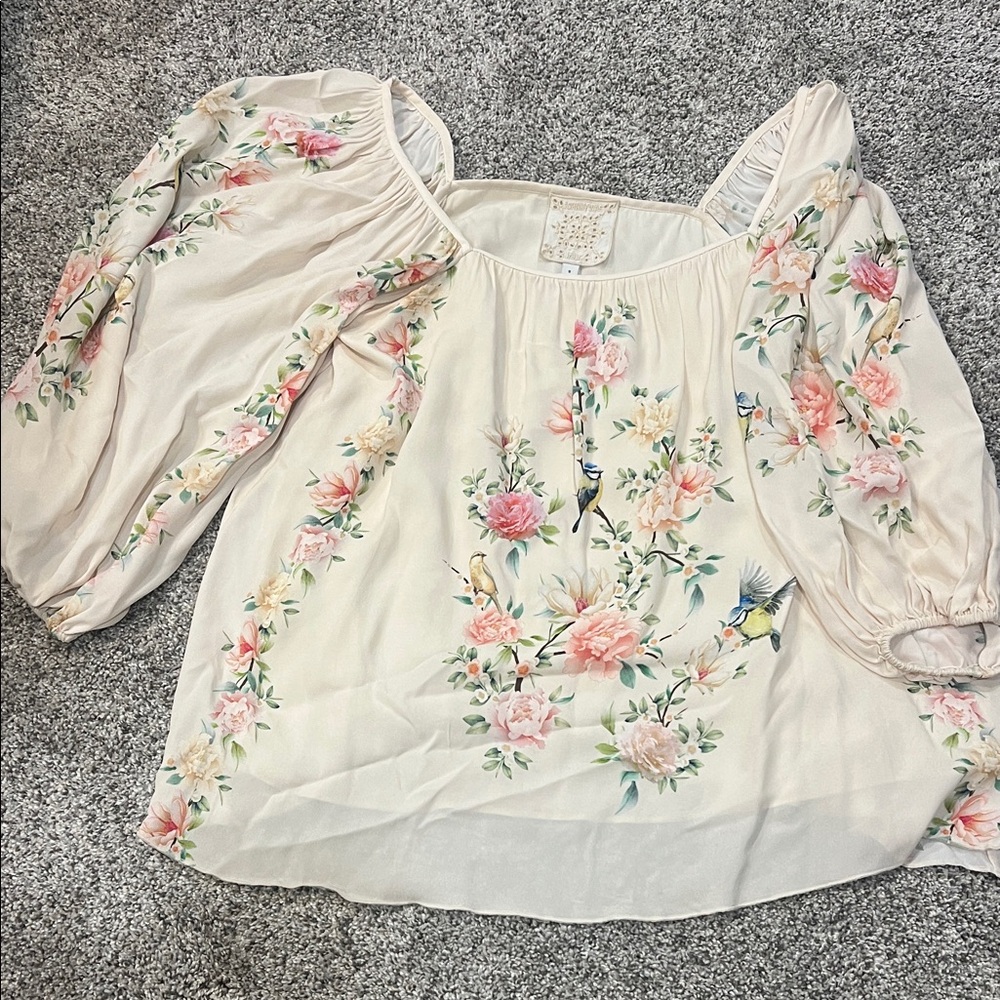 Johnny Was Cream Floral Peasant Blouse with Pink Rose Print